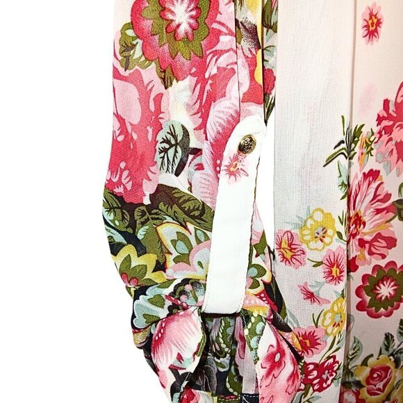 JUN & IVY WOMEN'S CREAM & FLORAL HI - LO BLOUSE W/ROLL UP TAB SLEEVES - SIZE M - Picture 4 of 9